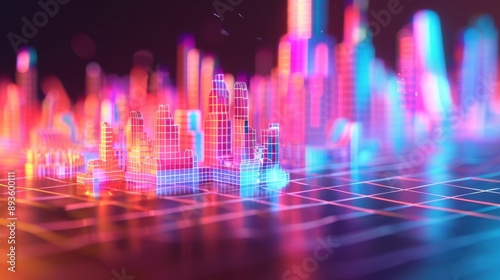 Futuristic Cityscape with Holographic Elements, vibrant skyline featuring neon lights and advanced architecture, digital art design with ample copy space for text. © Gasi