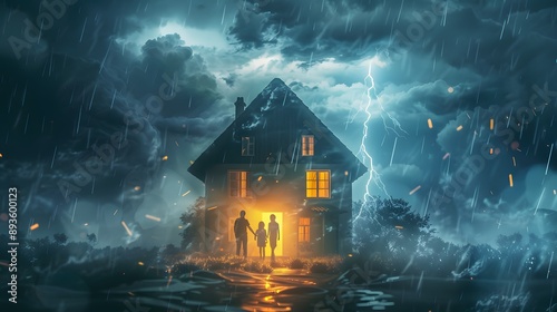 A family inside a cozy home surrounded by a stormy, chaotic outside world 
