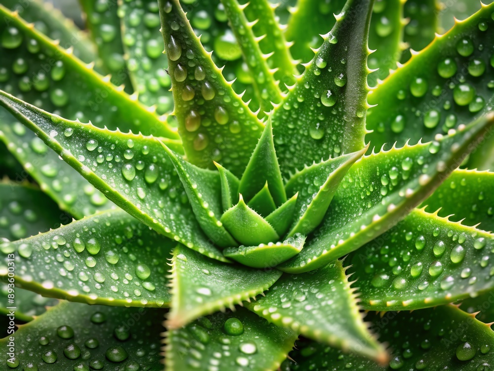 A close up of a green aloe vera plant with water drops on the leaves, displaying beautiful macro photography of this terrestrial houseplant, cosmetic concept