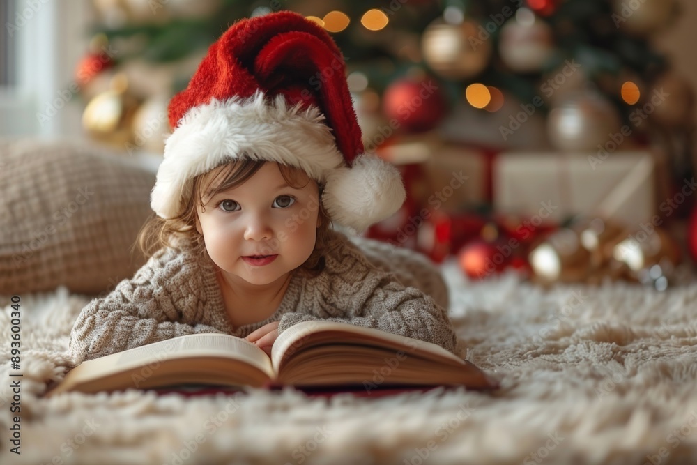 Adorable Child in Santa Hat Reading Christmas Story Adorable Child in Santa Hat Reading Christmas Story