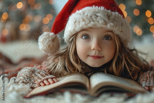 Adorable Child in Santa Hat Reading Christmas Story