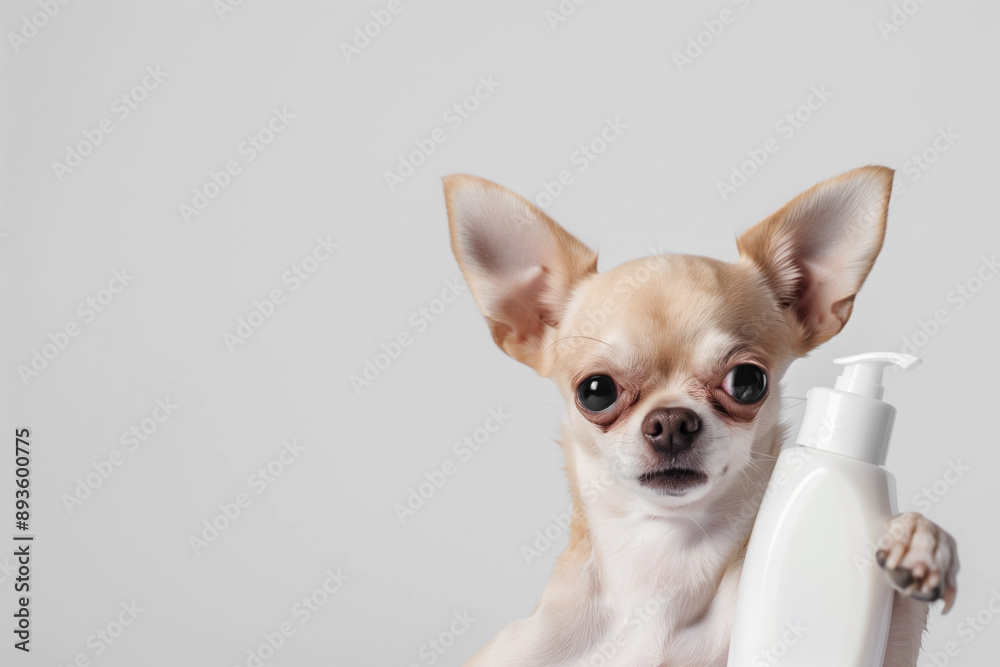 A cute Chihuahua dog holding a white lotion bottle, looking cute and attentive A cute Chihuahua dog holding a white lotion bottle, looking cute and attentive