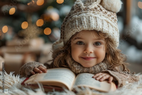 Adorable Child in Santa Hat Reading Christmas Story