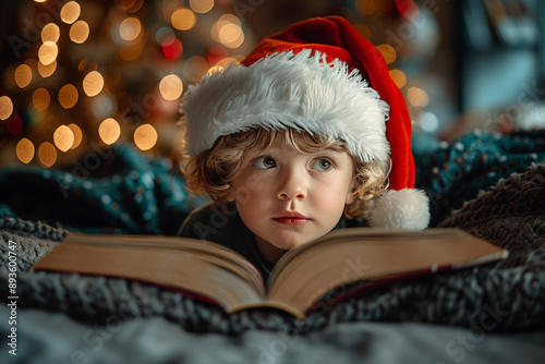 Adorable Child in Santa Hat Reading Christmas Story