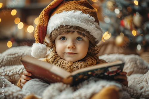 Adorable Child in Santa Hat Reading Christmas Story