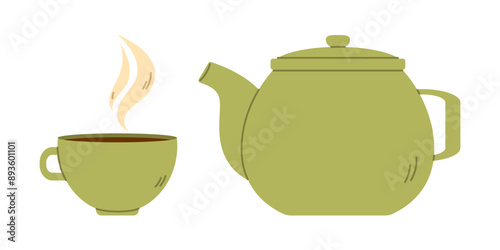 Green teapot and cup of tea. Flat vector illustration isolated on white background