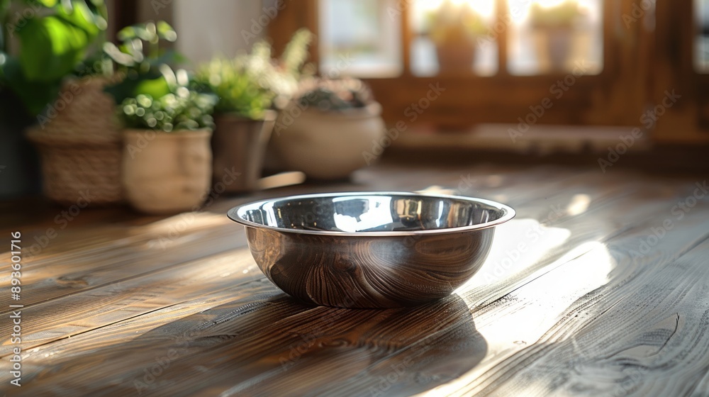 A Shiny Silver Mixing Bowl On A Rustic Wooden Table, Bathed In Warm Sunlight. Generative AI A Shiny Silver Mixing Bowl On A Rustic Wooden Table, Bathed In Warm Sunlight. Generative AI