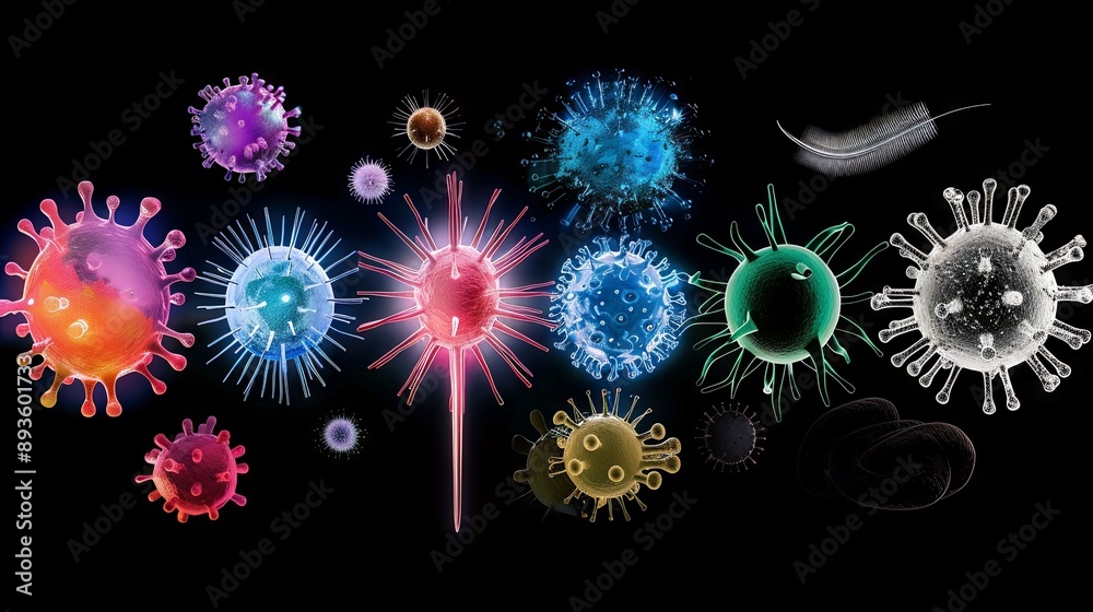 Obraz premium Set of different germs, bacteria viruses in neon color on dark isolated background. The concept of epidemiological studies