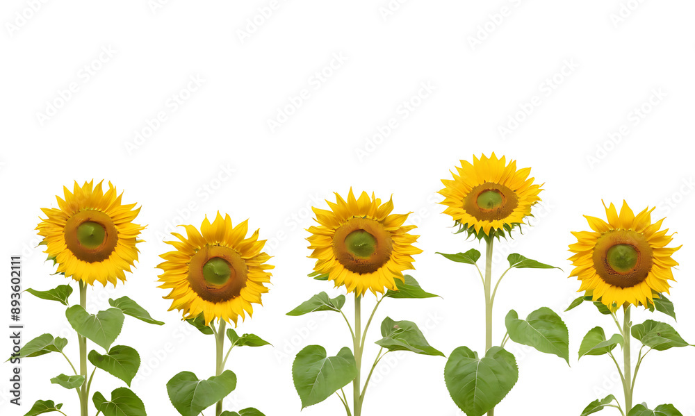 Fototapeta premium A row of six vibrant yellow sunflowers with green leaves against a white background. Perfect for summer-themed designs, nature-inspired projects, or adding a touch of sunshine to any creation. Transpa
