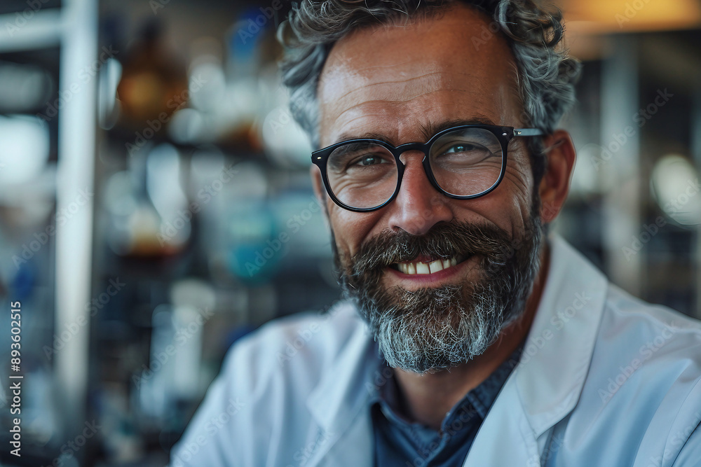 Mad crazy funky scientist in his laboratory with messy hair making research, Generative AI