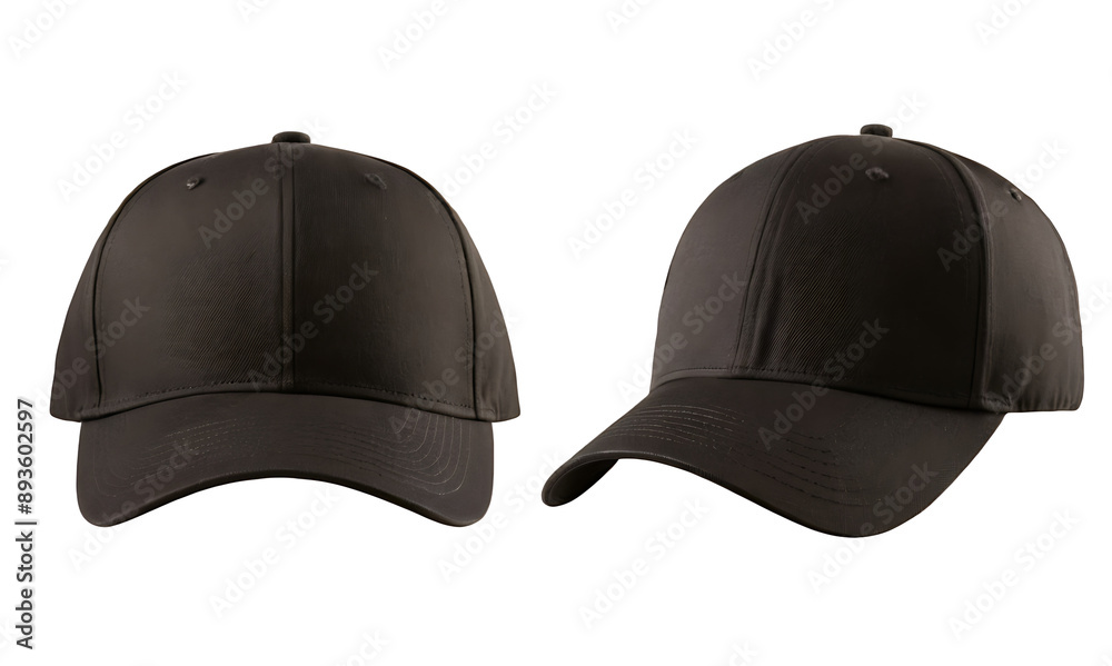 Two black baseball caps with a simple, classic design. Perfect for casual wear, sports teams, or promotional events. Transparent PNG for easy customization.