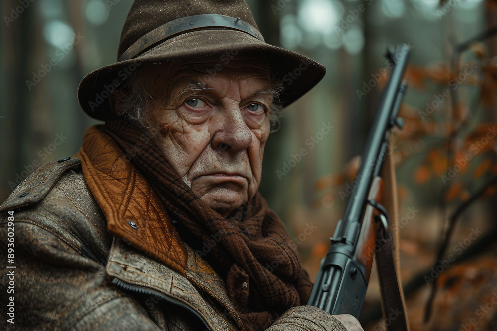 Fototapeta premium Hunter male female shooting from rifle gun in woods safari hunting season, Generative AI