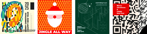 Merry Christmas and Happy New Year holiday party abstract style graphic square banner set. Santa Claus and fir tree on winter december celebration eve decoration print. Modern trendy art eps design