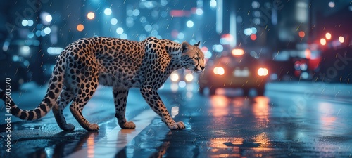 Leopard crossing city street at night in the rain urban wildlife in rainy night cityscape. Concept of the adaptation photo