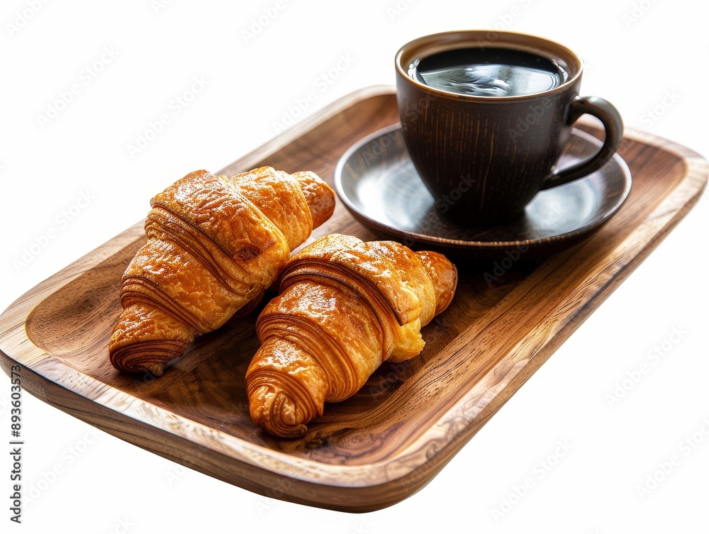 Golden Croissants & Aromatic Coffee: Freshly baked croissants on a rustic wooden board, accompanied by a steaming cup of black coffee, a perfect start to the day. Golden Croissants & Aromatic Coffee: Freshly baked croissants on a rustic wooden board, accompanied by a steaming cup of black coffee, a perfect start to the day.