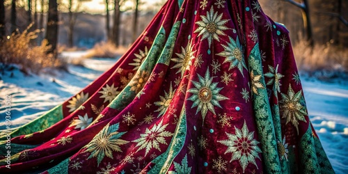 Vibrant folds of richly textured velvet cloak showcase intricate patterns, softly illuminated by winter light, as delicate snowflakes gently settle on its majestic folds.