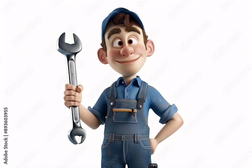 Cheerful 3D Cartoon Character Mechanic Holding Wrench on White Background