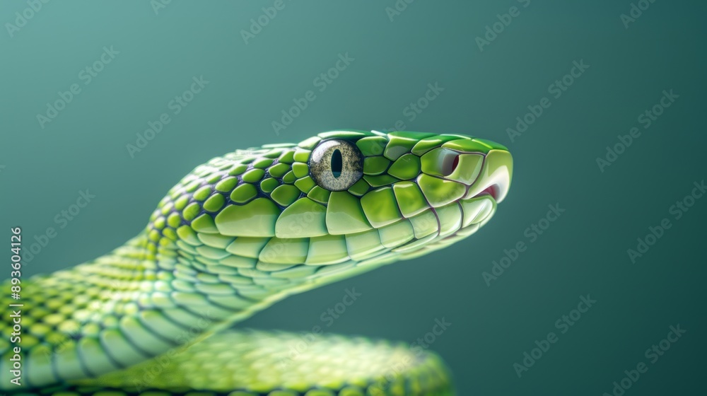 Green snake slithering with scales gleaming on teal Green snake slithering with scales gleaming on teal