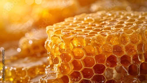 Close-up of a natural honeycomb, showcasing golden sweetness as honey drips. Represents traditional beekeeping and the beauty of nature.