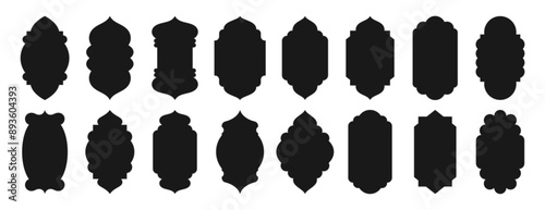 Old traditional islamic window shape set in oriental style. Black silhouette eid mubarak decorative frames, mosque borders, ramadan gates or arches. Arabic muslim bagdes, architecture design elements.