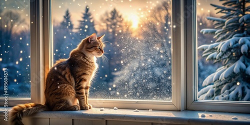 A detailed image in a 16_9 ratio, copying the style art of a cat sitting on a windowsill, looking through the window at gently falling snowflakes. photo