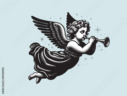 Little cute Christmas angel flies and plays the trumpet. Vintage retro engraving illustration. Black icon, isolated element