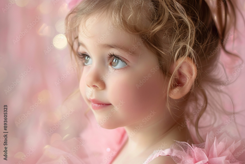 Generative AI picture of beautiful children preparing ballet dance school performance in stage ballroom gown