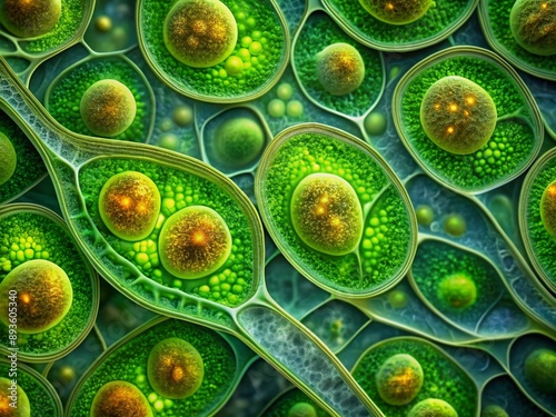 Vibrant green chloroplasts within plant cells showcase intricate membranous structures, highlighting the crucial role of chlorophyll in absorbing light energy for photosynthesis to occur. photo