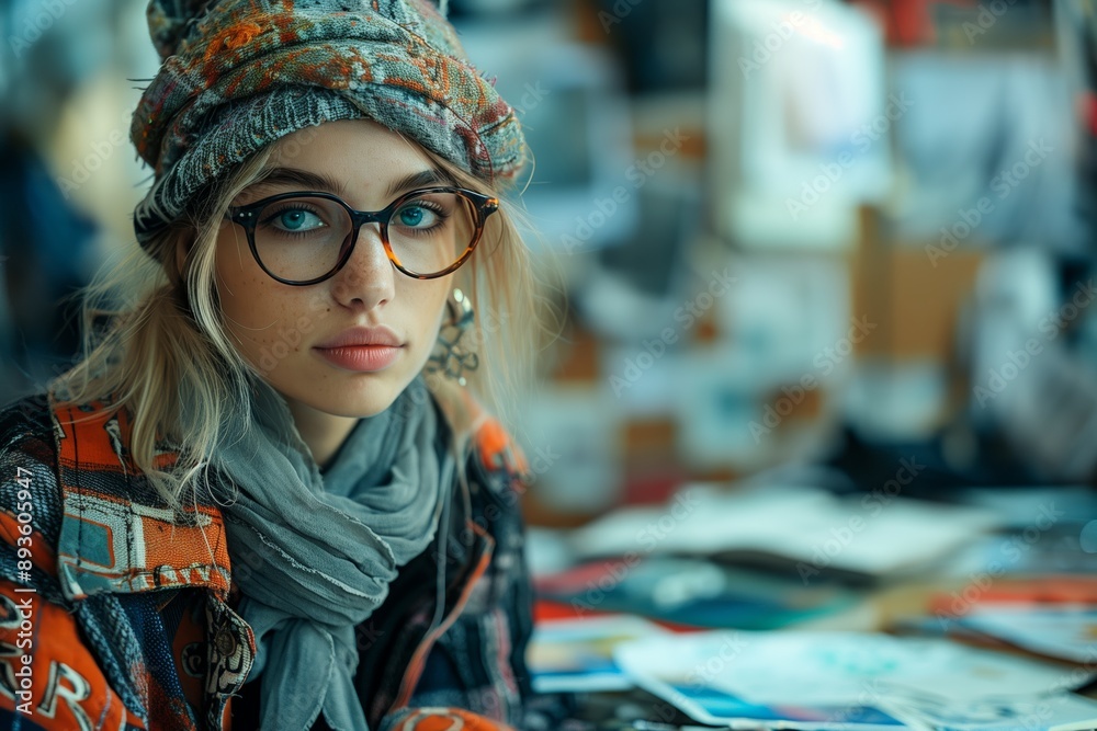 Young Woman With Blue Eyes Wearing Glasses and Scarf Looks Directly at the Camera Young Woman With Blue Eyes Wearing Glasses and Scarf Looks Directly at the Camera