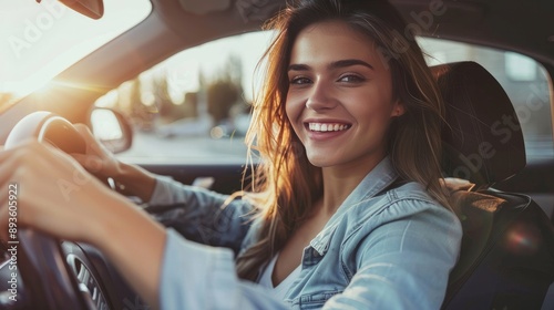 looking for a song you love. Young, attractive woman driving a car, smiling and pushing buttons