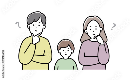 家族イラスト　表情　3人家族　子供　日本人　悩む　考える　おしゃれ