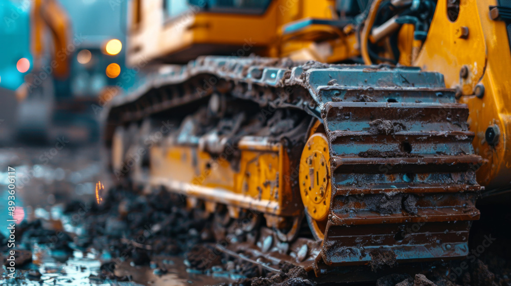 Detailed view of muddy excavator treads working on a construction site, showcasing heavy machinery in action. Detailed view of muddy excavator treads working on a construction site, showcasing heavy machinery in action.