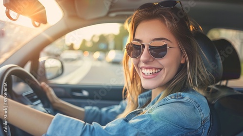 looking for a song you love. Young, attractive woman driving a car, smiling and pushing buttons © Nijat