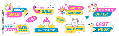 Last time offer badges, one day sales labels with alarm clock, calendar, stopwatch and hourglass icon. Hot price, big sale promo sticker set. Best discount, limited special promotion or closeout deals