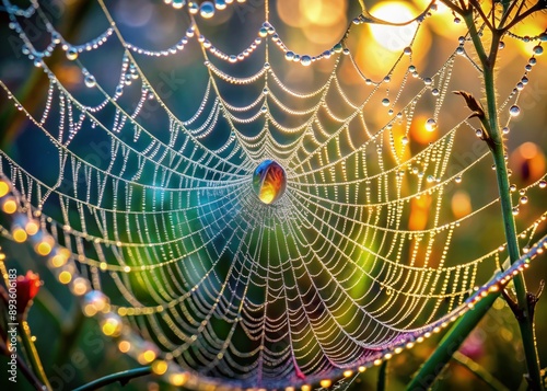 Delicate threads of a spider's intricate web glisten with morning dew, refracting light into tiny rainbows, showcasing nature's precise engineering and serene beauty. photo