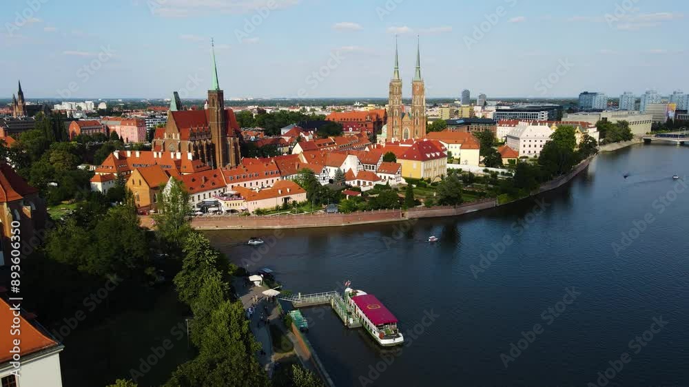European beautiful city Odra river Flight over shooting from a drone Wroclaw Poland European beautiful city Odra river Flight over shooting from a drone Wroclaw Poland