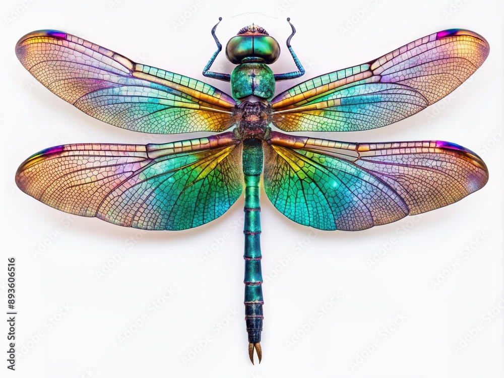 Vibrant dragonfly with intricate iridescent wings and delicate body details, isolated on a pure white background, showcasing its natural beauty in stunning macro clarity. Vibrant dragonfly with intricate iridescent wings and delicate body details, isolated on a pure white background, showcasing its natural beauty in stunning macro clarity.