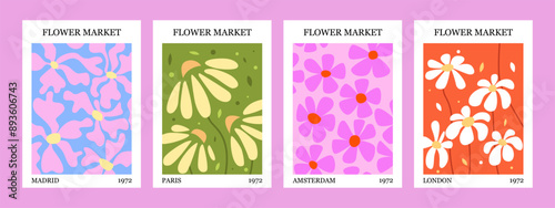 Set of Abstract Flower Market Posters. Trendy Botanical Wall Arts with Floral Design In Bright Colors. Vector Illustration.