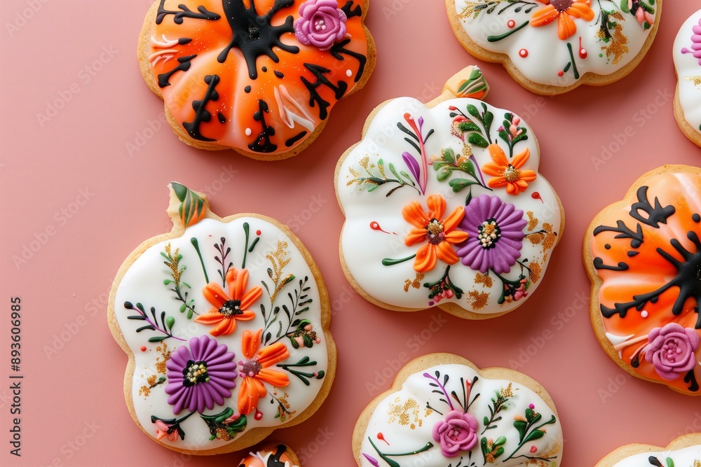 top view of pumpkin shaped cookies intricately decorated with floral print for Halloween or Thanksgiving top view of pumpkin shaped cookies intricately decorated with floral print for Halloween or Thanksgiving
