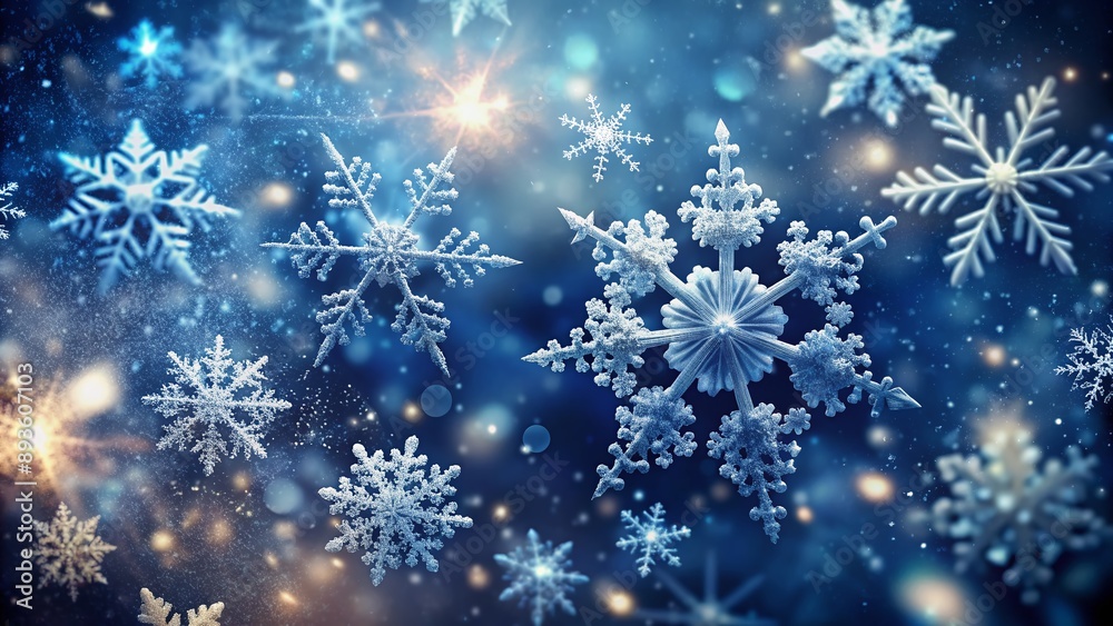 Serene winter wonderland scene featuring delicate snowflakes gently falling on a dark blue background, showcasing intricate details of each flake in soft, ethereal focus. Serene winter wonderland scene featuring delicate snowflakes gently falling on a dark blue background, showcasing intricate details of each flake in soft, ethereal focus.