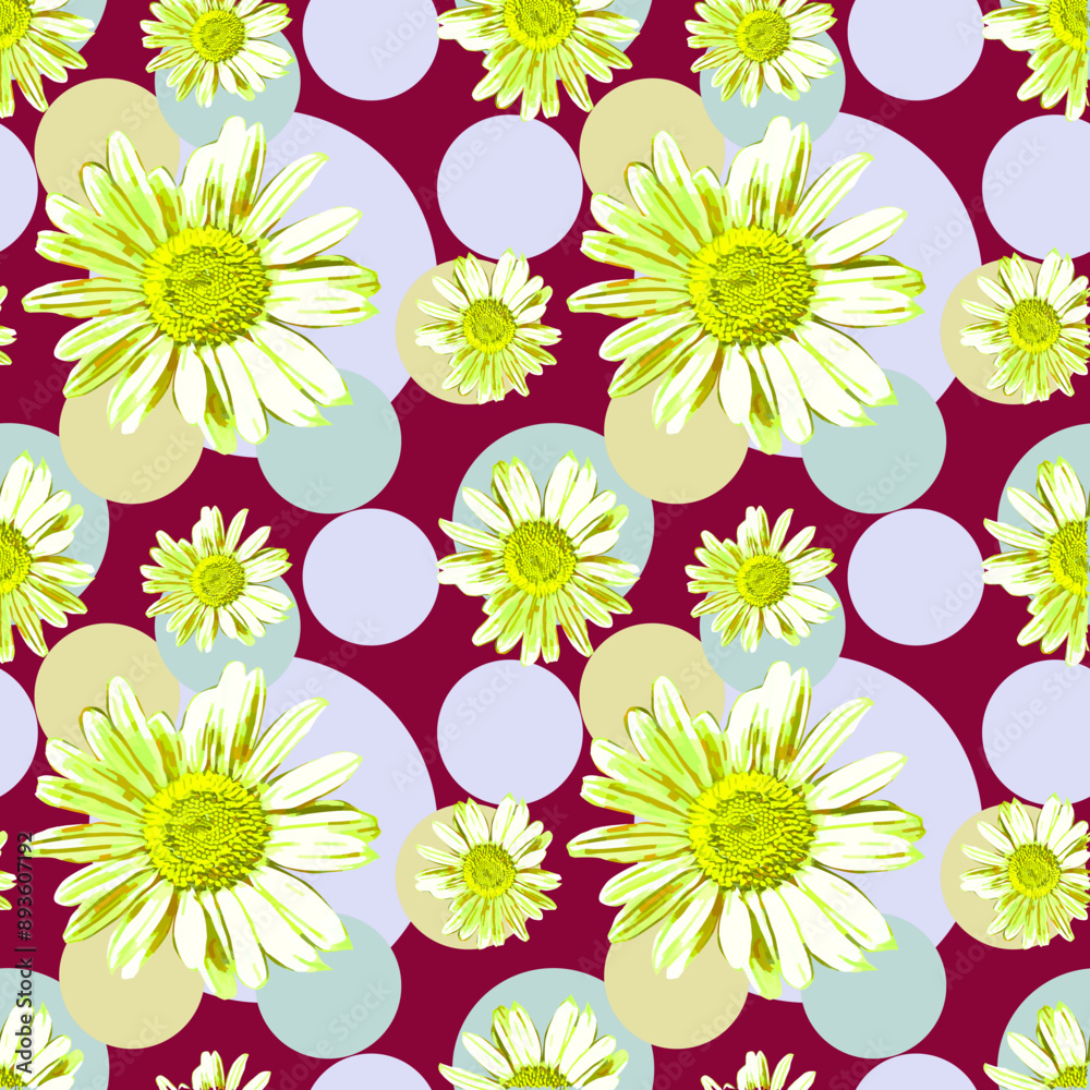 Vector - seamless pattern of camomile and polka dot. Vector - seamless pattern of camomile and polka dot.