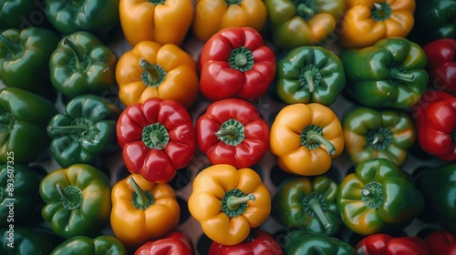 Fresh colorful bell peppers green, red, and yellow varieties on display