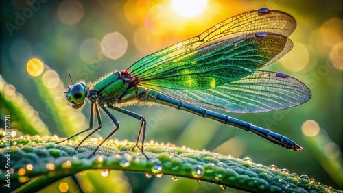 Vibrant green dragonfly with intricate iridescent wings and delicate body perches on a dew-kissed leaf, surrounded by lush greenery and soft morning light.