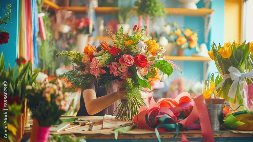 Obraz premium florist arranging a bouquet of fresh flowers in a bright, colorful shop