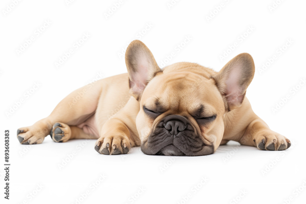 Close-up of a sleepy tan French Bulldog puppy lying down with a peaceful expression on a white background. Close-up of a sleepy tan French Bulldog puppy lying down with a peaceful expression on a white background.