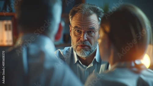 Close-up of bank manager explaining the situation to worried customers, office setting, Portrait close-up, hyper-realistic, high detail, photorealistic, studio lighting, Key Light, Fill Light, Back