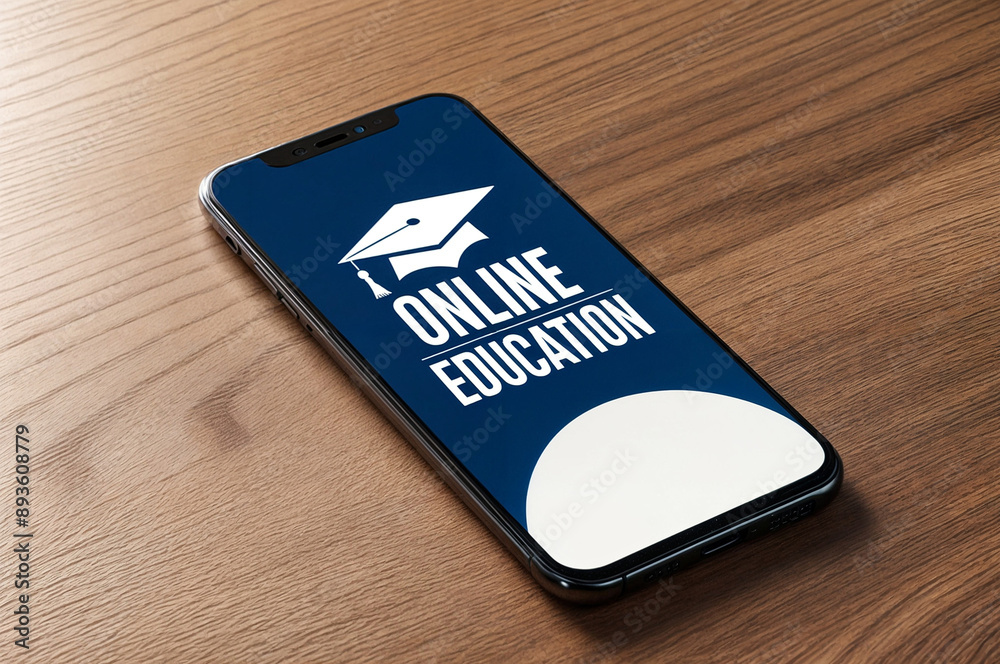 A smartphone mobile phone with a blue background and the word text phrase Online Education A smartphone mobile phone with a blue background and the word text phrase Online Education