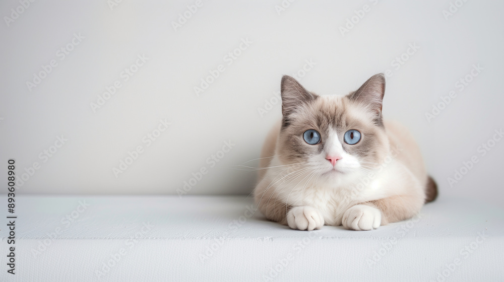 A Ragdoll cat with blue eyes lying on a white surface, staring intently ahead. The background is a plain light gray. A Ragdoll cat with blue eyes lying on a white surface, staring intently ahead. The background is a plain light gray.