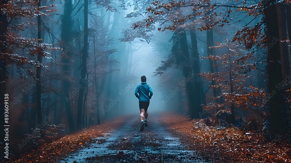 Obraz premium Lone Runner Pushing Through Misty Forest at Dawn with Determination