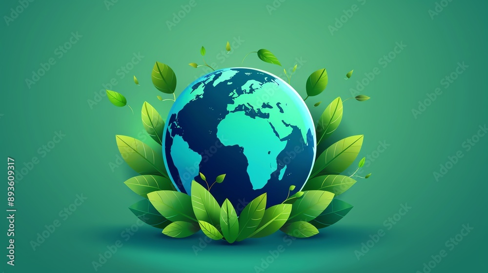 Environmental conservation, globe with green leaves, flat design illustration Environmental conservation, globe with green leaves, flat design illustration
